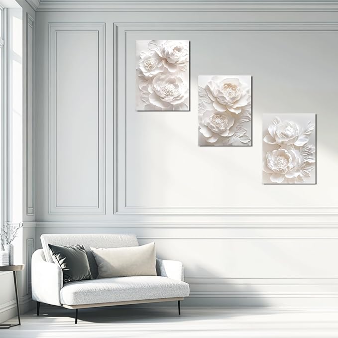 Sepwrol White Flower Canvas Wall Art Modern Abstract Rose Blooming Floral Textured Printing Artwork for Home Bedroom Living Room Wall Decor, 12"x16" 3 Panel (White-2)