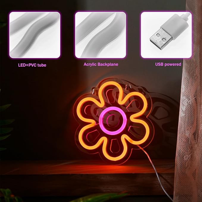 Bonuci 2 Pieces Flower Neon Sign 7.87 Inch Daisy LED Lights USB Powered Pink Retro Flower Shaped Neon Sign for Room Wall Decor Home Shop Wedding Birthday Party Decoration(Pink, Yellow)