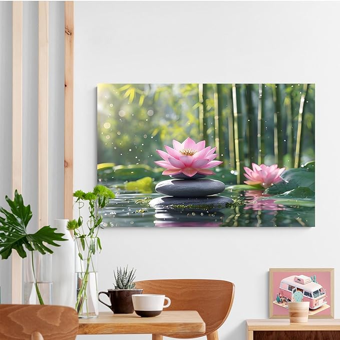 Ethereal pink lotus on obsidian Sunlit bamboo forest with sparkling water drops Poetic nature inspired wall art for tranquil homes and mindful spaces 16x24in Frameless