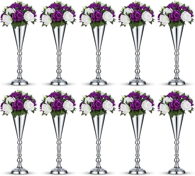 10 Pcs Tabletop Silver Metal Wedding Flower Trumpet Vase, 16.5 inch Table Decorative Centerpiece Artificial Flower Arrangements for Anniversary Ceremony Party Birthday Event Home Decoration (Silver)