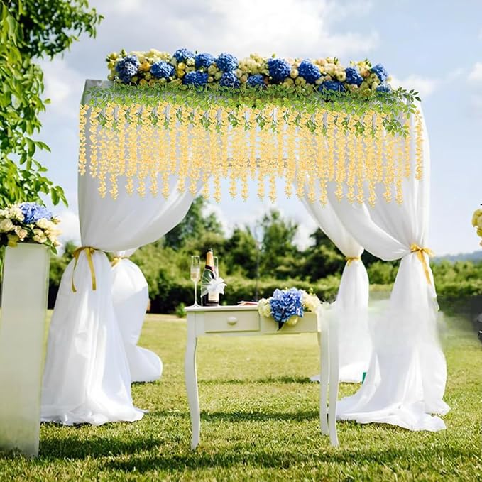 Artificial Wisteria Hanging Flowers Fake Wisteria Flower Garland Silk Vines Rattan Decor for Home Wedding Arch Wall Garden Greenery Bedroom Outdoor Office Party Decoration (24, Champagne)