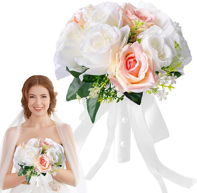 Wedding Bouquets for Bride - Realistic Silk Flowers Artificial Roses, 8 Inch Bridesmaid Bouquet for Ceremony, Church, Anniversary, and Home Decoration (White & Blush Champagne)