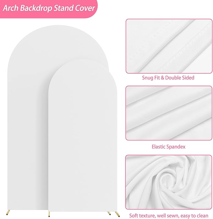 Putros Metal Arch Stand with Cover Set of 2 White Spandex Fitted Wedding Arch Cover and Round Top Chiara Backdrop Stand for Birthday Party Baby Shower Decoration 7.2FT, 6FT