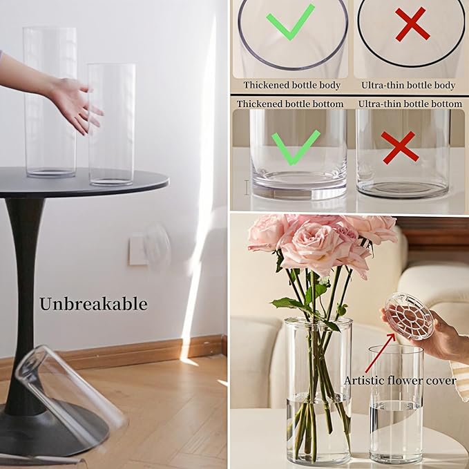 Extra Large Acrylic Cylinder Clear Vase for Floor, Tall Big Wide Mouth Plastic Unbreakable Hurricane Flower Vases of 3 for Home Decor (D 8" X H 19.7", D 6", D 4.8" + 2 Holder)
