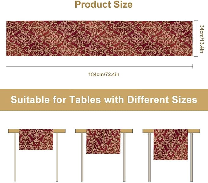 Red Damask Table Runner,Gothic Antique Victorian Floral Boho Table Runner for Home Kitchen Table Dining Garden Farmhouse Wedding Party Decor 13x120 Inch