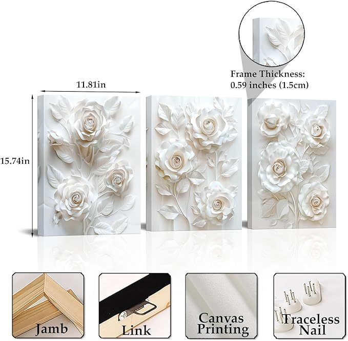 Sepwrol White Flower Canvas Wall Art, Modern Abstract Rose Blooming Floral Textured Printing Artwork for Home Bedroom Living Room Wall Decor, 12"x16" 3 Panel