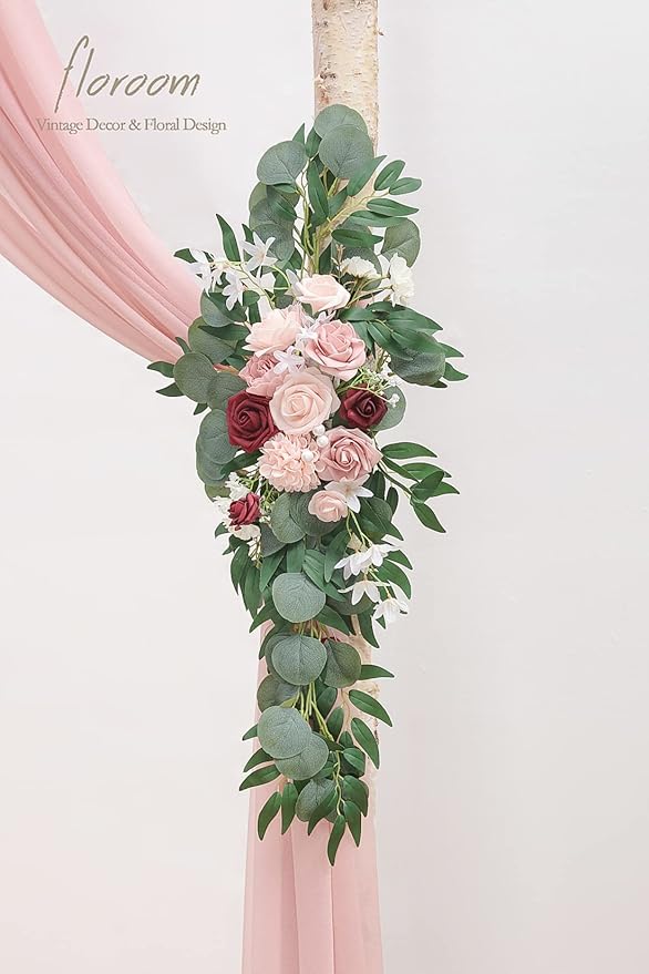Floroom Arch Flowers with Drapes Kit (Pack of 4) - 2pcs Artificial Dusty Rose & Burgundy Floral Swag Arrangement with 2pcs Draping Fabric for Wedding Ceremony Arbor and Reception Backdrop Decoration