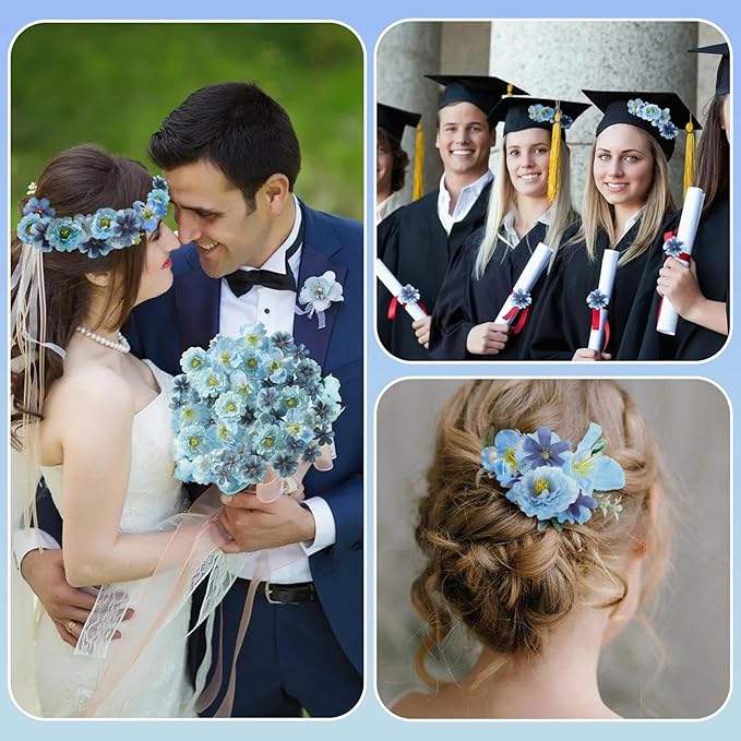 210Pcs Mini Fake Flower Heads Blue Small Silk Faux Flower Heads Artificial Rose Daisy Multicolor Flowers Bulk for Cake Crafts DIY Graduation Cap Wedding Hair Dresses Wreath Party Home Decor
