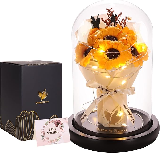 Christmas Sunflower Gifts for Mom-Preserved Artificial Rose Flower Gifts for Women Friends Sister Sunflower Gifts for Her,Light Up Rose in A Glass Dome-Thankgiving Xmas Birthday Valentines Anniversary