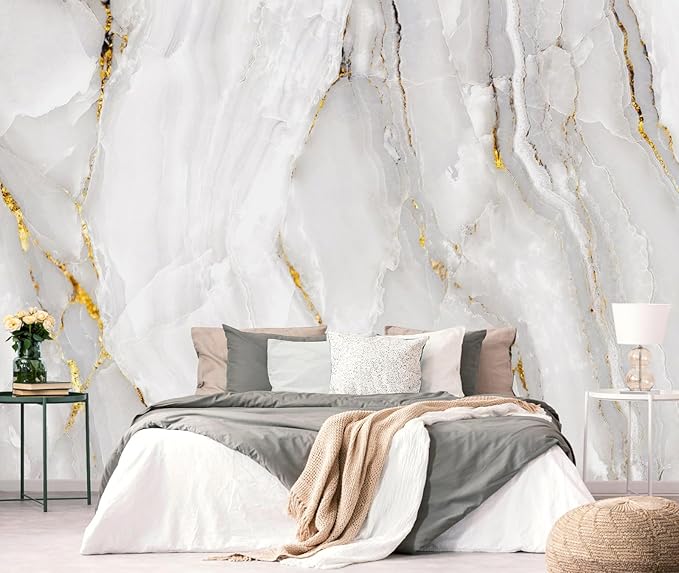 PYFFYP- Gold with White Marble Wallpaper Wall murals for Bathroom(Not Peel and Stick)