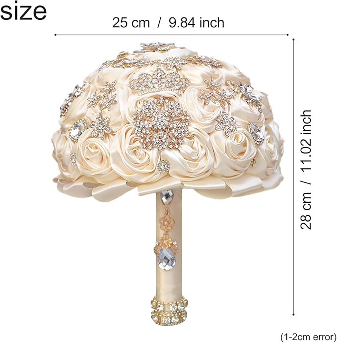 Handmade Satin Rose Floral Bling Pearl Decor Bridal Wedding Bouquet Rhinestone Pendant Artificial Brooch Flowers for Bride Bridesmaid Quinceanera