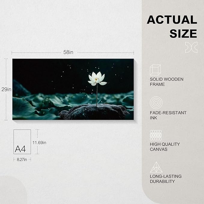 Iallbin Buddha Wall Art & Zen Wall Decor, White Lotus on Water Canvas Painting - for Yoga Meditation Room, Spa & Bathroom, Blue Art Deco Style, 58x29 Inches