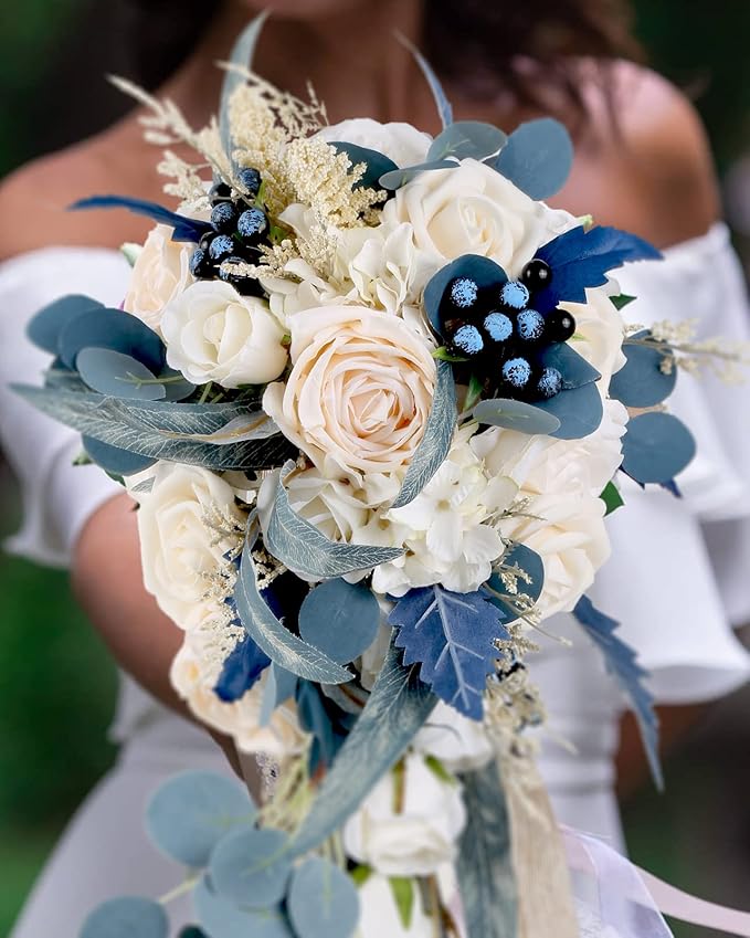 Wedding Bouquets for Bride, 11 Inch Bride Bouquets for Wedding Dusty Blue Artificial Flowers Bridal Bouquet for Wedding Ceremony Anniversary(Dusty Blue)
