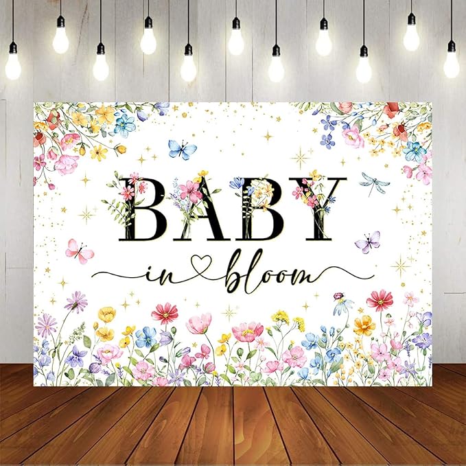 Mocsicka Baby in Bloom Backdrop Banner Wildflower Backdrop Decorations for Baby Shower 7x5ft Girls Floral Golden Dot A Little Wildflower is On The Way Baby Shower Decorations Banner