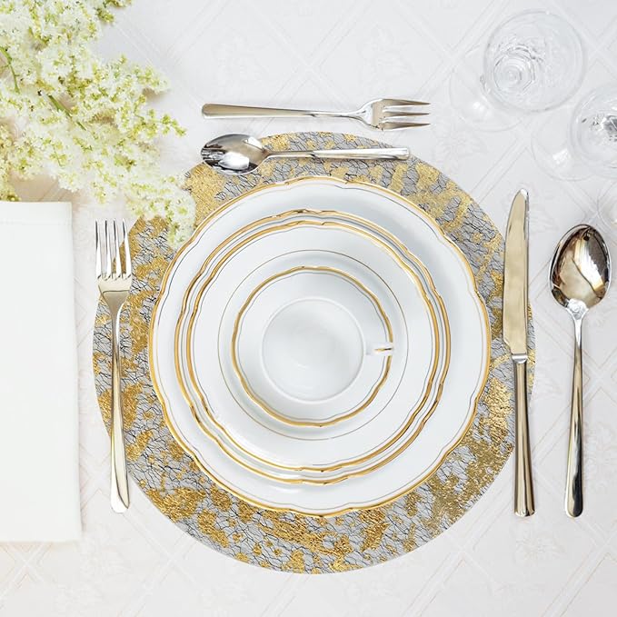 Hysenm 50 Pcs Disposable Gold Placemats Set Metallic 13 Inch Round Foil Mesh Pressed Table Doilies, Ultra-Thin Disposable Placement Mats for Home Decoration Dining Table Wedding Birthday Party
