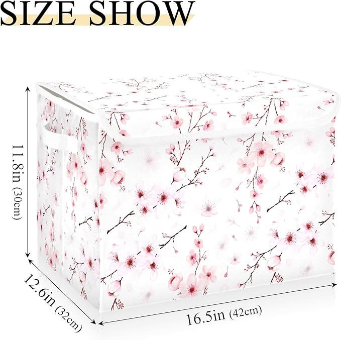 Flower Baskets Collapsible Storage Bins with Lids, Cherry Blossom Branche Storage Boxes Clothes Baskets for Organizing