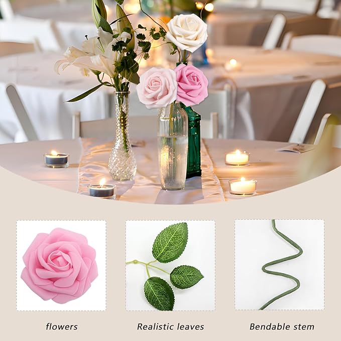 50PCS Artificial Flowers Pink Roses Real Looking Foam Fake Roses with Leaves and for DIY Wedding Bouquets Bridal Shower Centerpieces Party Decorations (Pink Series, 50)