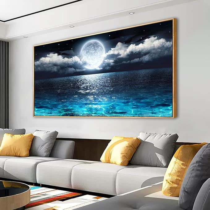 Canvas Wall Art for Living Room Bedroom Office Framed Ocean Beach Wall Art Paintings Pictures Artwork Moon Waves Blue Wall Decor 2.7cm Thick Frame, 20 * 40inch
