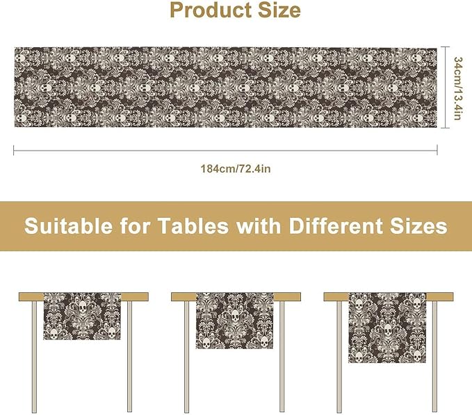 Gothic Table Runner,Damask Skull Victorian Black Floral Boho Table Runner for Home Kitchen Table Dining Garden Farmhouse Wedding Party Decor 13x36 Inch