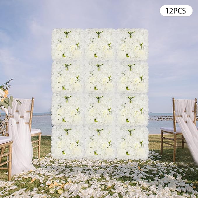 15"x 15" Artificial Flower Wall Panels, Silk Flower Panels for Outdoor Garden Backyard Fence Privacy Screen and Indoor Wall Decor (12 Pcs White, Style 2)
