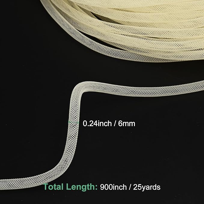 Mesh Tube Ribbon 25 Yards, 6mm Elastic Fabric Ribbons Mesh Tubing for Crafts/Gift Wrapping/Flower Bouquets/Wedding/Birthday/Holiday/Wreaths Christmas/Decoration[Cream Yellow]