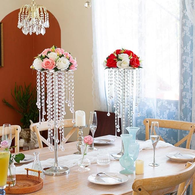 10 Pcs Wedding Centerpieces Vase, 21.6" Silver Metal Flower Holders Centerpiece Vase with Chandelier Crystal,for Reception Tables Décor Wedding Anniversary Party Events
