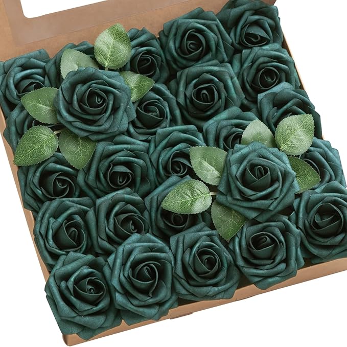 Ling’s Moment Artificial Flowers 50Pcs Peacock Green Roses Decor w/Stems,3" Real Touch DIY Foam Floral for Wedding Bouquet/Centerpieces, Outdoors Party Backdrop, Room/Table, and Garden/Pot Decorations