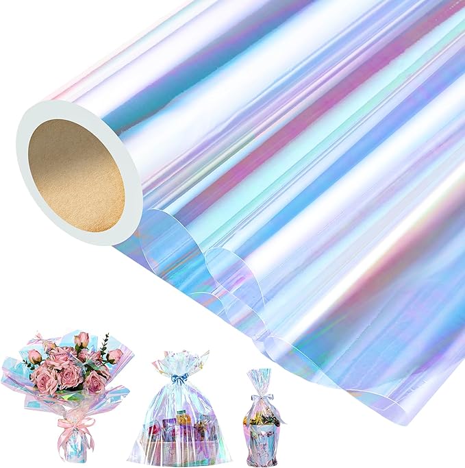 woric Iridescent Cellophane Wrap for Gift Baskets 82 Ft X 17 In Cellophane Wrap Roll Gift Basket Wrapping Plastic for Christmas Candy Basket Treats Flower Birthday Gifts DIY Crafts (Iridescent Blue)