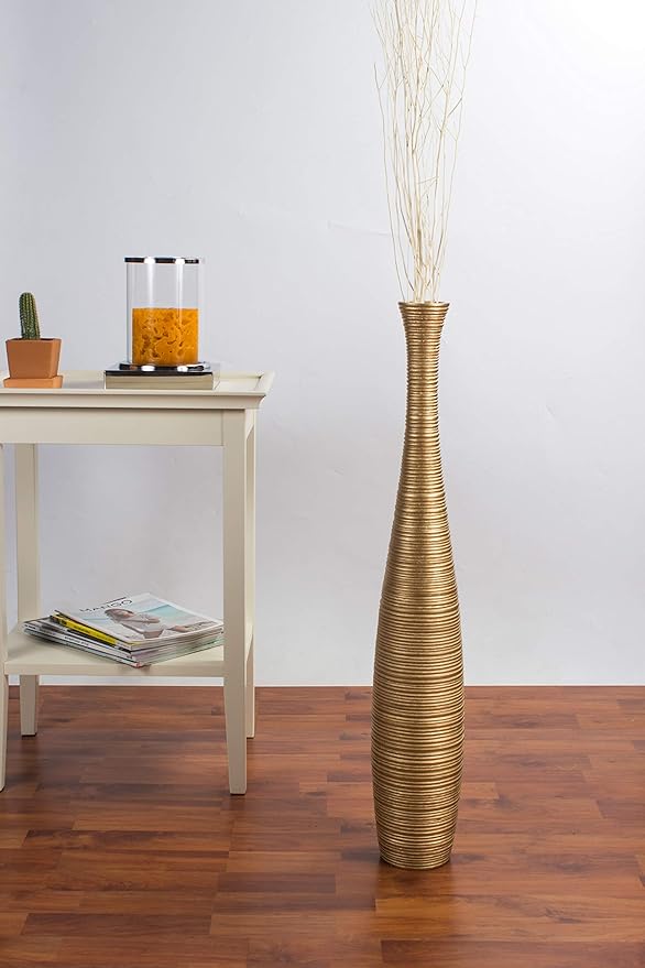 Leewadee Large Gold Home Decor Floor Vase - Wooden 26 inch Tall Farmhouse Decor Flower Holder for Fake Plant and Pampas Grass