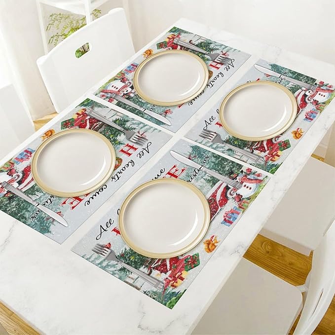 Merry Christmas Placemats Buffalo Plaid Red Truck with Christmas Tree, Winter Snowy Snowflake Snowman Placemats Table Kitchen Dining Party 12x18 Inch Set of 6