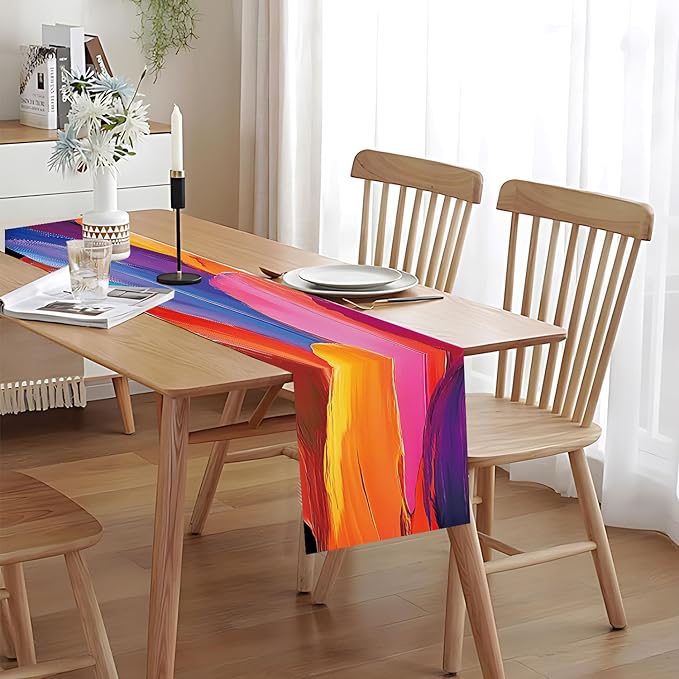 Vibrant Abstract Art Table Runner – 13x72 Inch Colorful Brushstroke Design on Linen-Look Fabric, Modern Artistic Dining Table Decor for Home, Parties & Creative Spaces