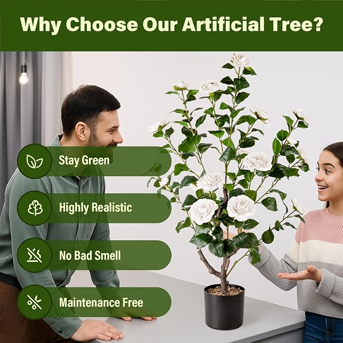 Artificial Camellia Tree,2Pack 3.2FT Faux White Camellia Plants in Pots,Lifelike Artificial Flower Trees for Indoor Outdoor Home Decor,Realistic Blooming Faux Plants for Living Room Porch Patio Office
