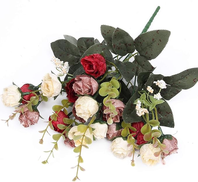 Flojery 21 Heads Silk Rose Bouquet Artificial Flowers Mini Rose for DIY Wedding Bouquets Centerpieces Bridal Shower Party Home Decorations,Pack of 4 （Red）
