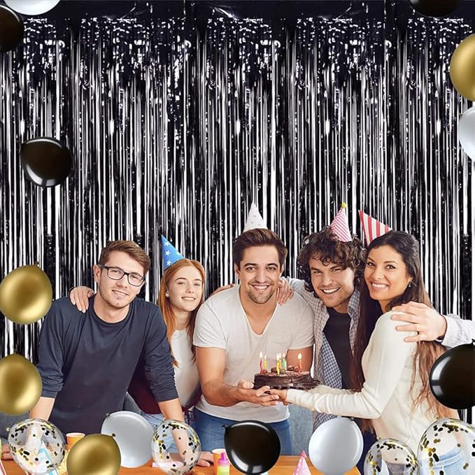 TONIFUL 3Pcs Black Door Streamers,Photo Booth Backdrop,Metallic Streamers Black Foil Fringe Curtains for Birthday,Christmas,New Year,St. Patrick's Day Halloween Party Streamers Decor(9.9ft x 6.6ft)