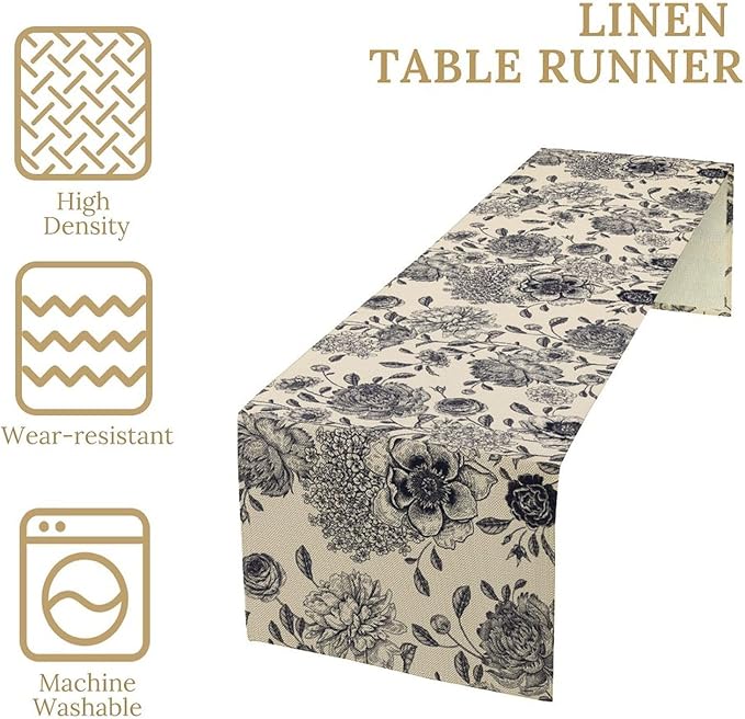 Black White Flower Table Runner,Vintage Wildflower Decor Table Runner for Home Kitchen Table Dining Indoor Outdoor Party Decor 13x36 Inch
