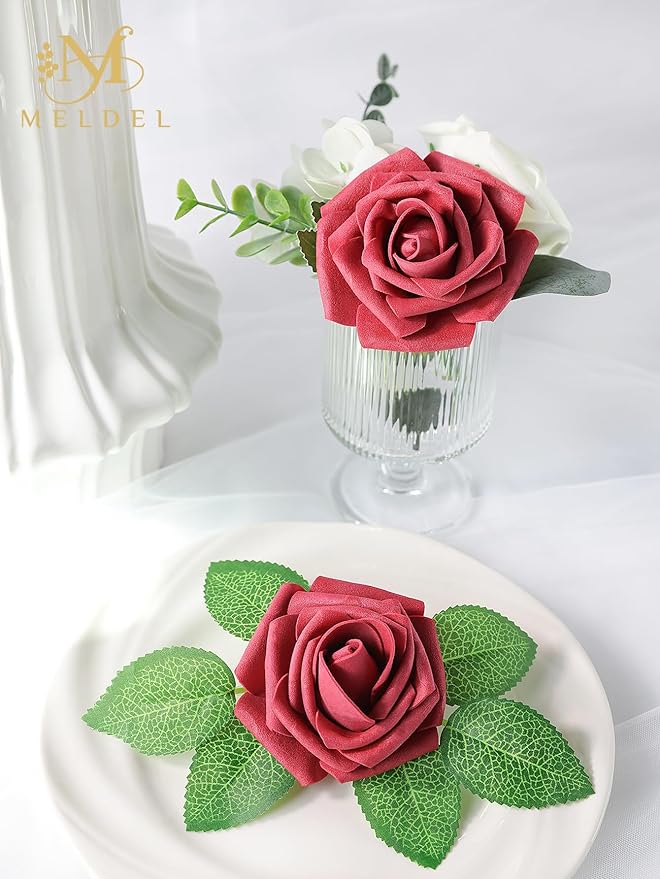 Meldel Artificial Flower 25pcs Real Looking Red Fake Foam Roses with Stems for DIY Wedding Bouquets Gifts Bridal Shower Faux Floral Centerpieces Arrangements Home Party Tables Decorations