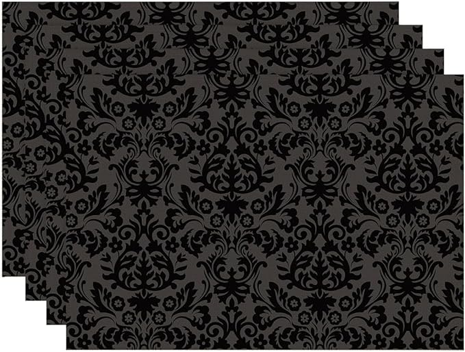 Placemats Set of 4 Vintage Black Damask Floral Dining Place Mats Linen Table Mat for Farmhouse Home Kitchen Decor 12 X 18 Inch