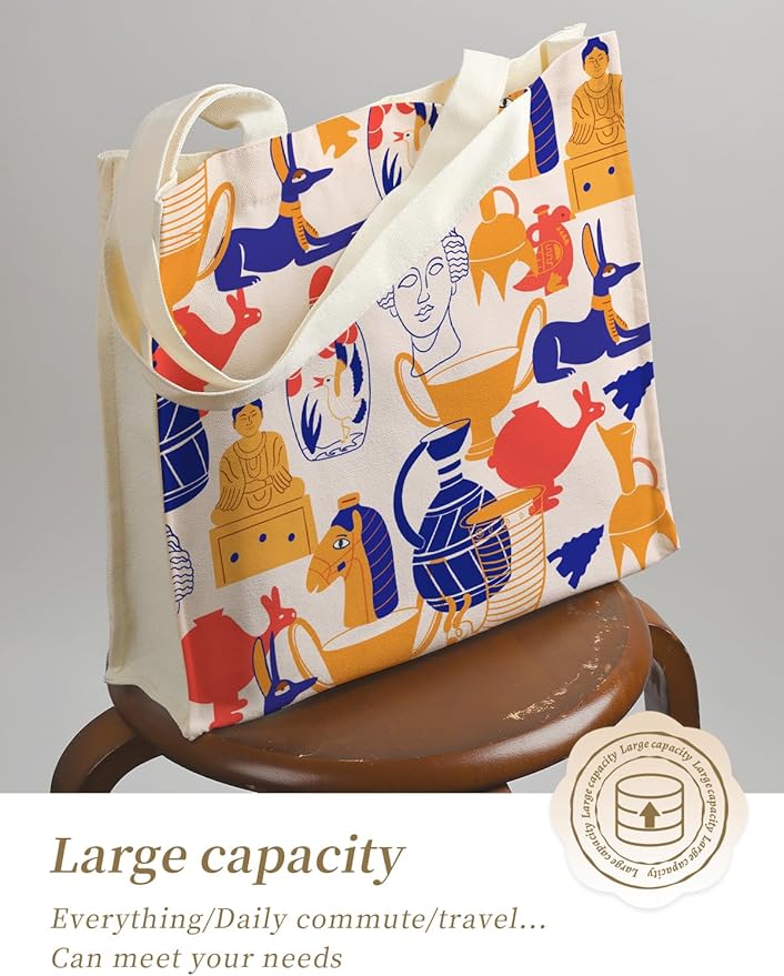 AUSVKAI Canvas Tote Bag Aesthetic for Women, Cute Reusable Bags with Pockets & Snaps for Beach Shopping College Gym Grocery
