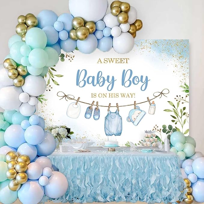 Sensfun Cute Clothes Baby Shower Backdrop for Boys A Sweet Baby Boy is On His Way Banner Greenery Eucalyptus Leaves Welcome Baby Boy Baby Shower Party Decorations Banner Photo Booth Props 8x6ft