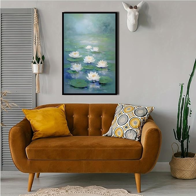 Zen wall art Delicate white lotus flower floating on calm water Vintage oil painting print Serene aquatic wall art creates a tranquil home decor 24x36in Metal blackFramed