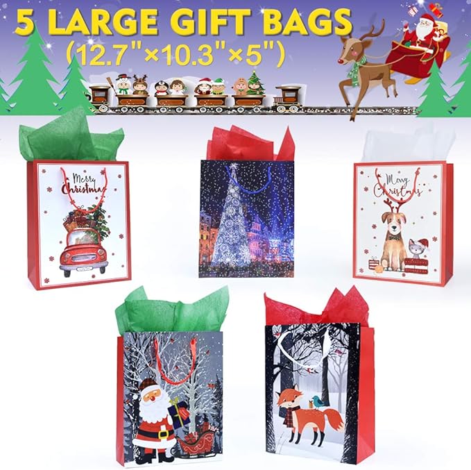 Christmas Gift Bags Bulk Set Christmas Paper Bags Assorted Sizes 3 Jumbo 5 Large 6 Medium 2 Wine Bags 16 Count Glitter Design with 12 Sheets Tissue Paper