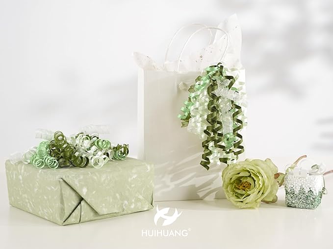 HUIHUANG Green Bows for Gift Wrapping Moss/Sage/Ivory Curly Bows with Self Adhesive & Twist Tie, 7 inch Sheer Satin Ribbon Bow for Presents, Gift Basket, Wedding Decor, Party Favors- 6 Counts