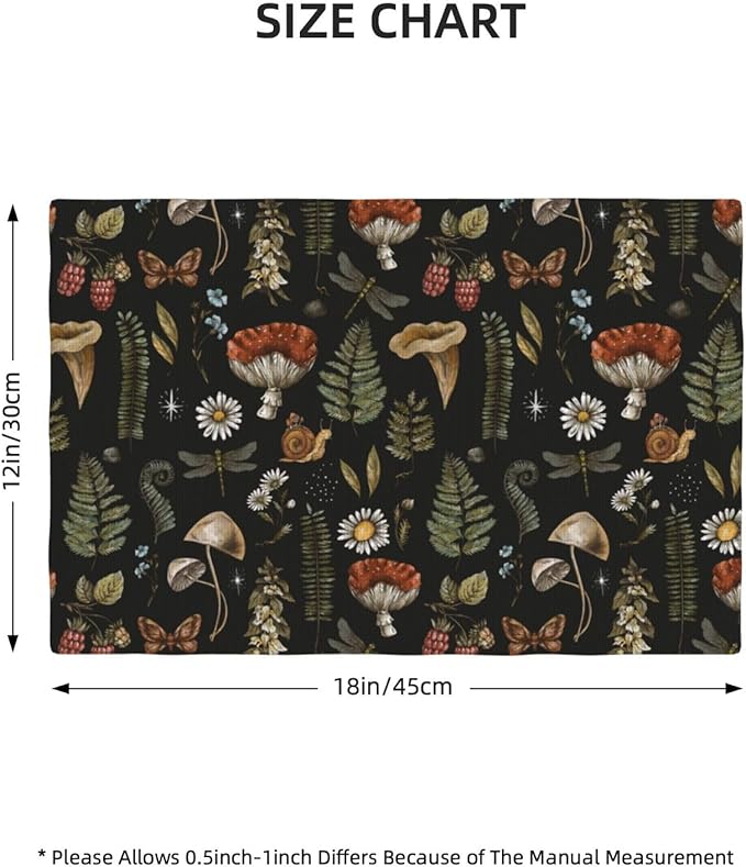 Mushroom Placemats Set of 4,Vintage Gothic Mushroom Fern Kitchen Place Mats Linen 12x18 Inch,Black 4 PCS, Style-5