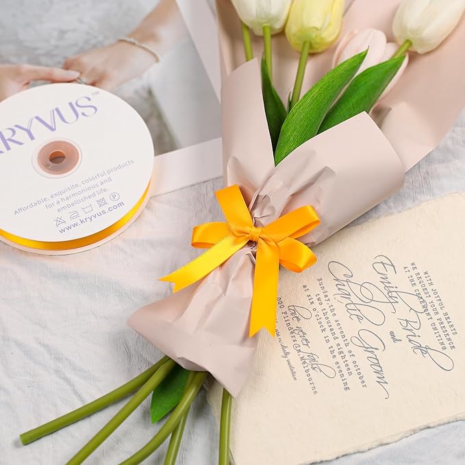 Double Faced Yellow Gold Satin Ribbon, 5/8 Inch X 50 Yards Polyester Ribbon for Gift Package Wrapping, Crafts, Bow Making, Sewing, Flower Bouquet, Wedding Party Decor