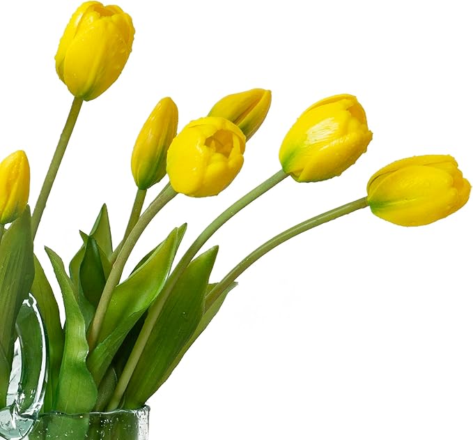 15pcs Artificial Tulips Flowers, Real Touch Latex Bouquet, Fake Tulips for Office Wedding Party Home Kitchen Garden Decoration-B Yellow