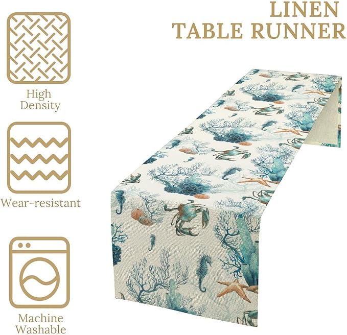 Nautical Coast Table Flag, Ocean Beach Seahorse Shell, Vintage Sailboat Lighthouse Anchor Table Decoration for Indoor and Outdoor Home Party Decor 13x70 Inch