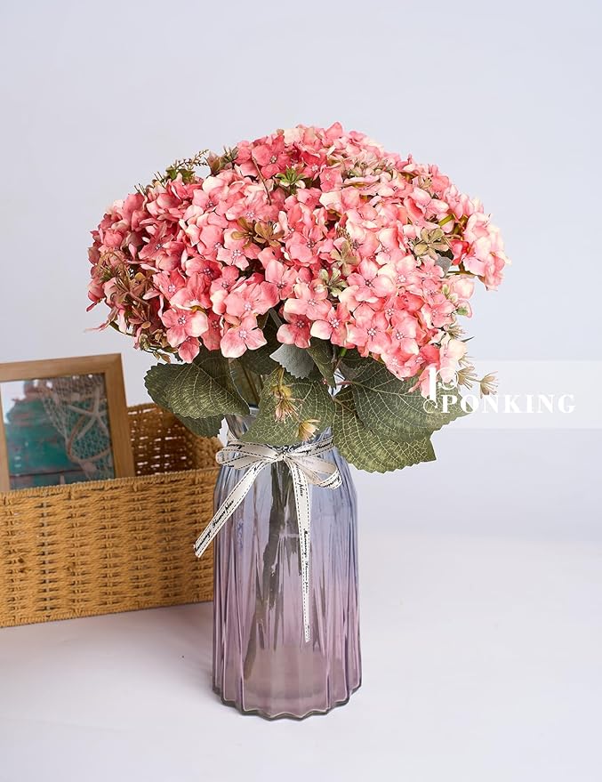 Hydrangea Artificial Flower 3pcs Realistic Faux Silk Hydrangeas Fake Flowers Bouquets Arrangements Decor for Wedding Spring Mother's Day, Home Table Decorations, Sunset Pink Flower