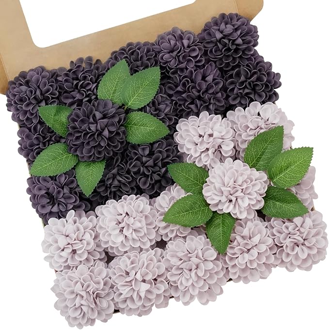 Artificial Flowers, 50pcs Realistic Artificial Rose for DIY Wedding Bouquets Centerpieces Arrangements, Dark Purple and Light Purple Dahlia Flowers with Stem for Bridal Shower Party Home Decorations