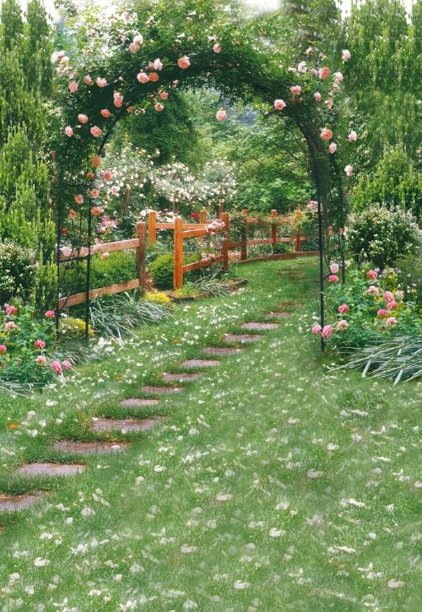 AOFOTO 5x7ft Wedding Arch Flower Photography Backdrop Romantic Garden Footpath Beautiful Spring Pergola Background Lovers Bride Girlfriend Artistic Portrait Photo Studio Props Vinyl Wallpaper Drape