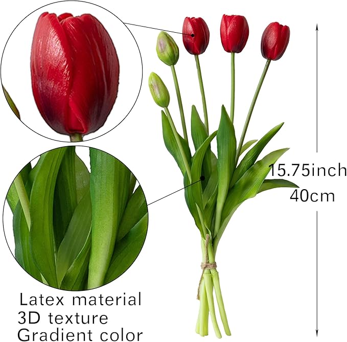 40pcs Artificial Tulips Flowers, Real Touch Latex Bouquet, Fake Tulips for Office Wedding Party Home Kitchen Garden Decoration-B Red Suit